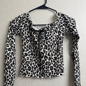 Just Polly Leopard Print Bow Front Top S NWT Long Sleeve Ribbed Y2K Juniors